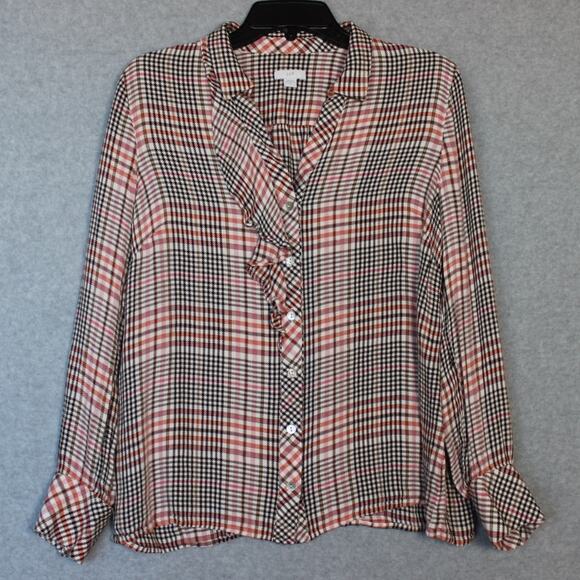 J. Jill Tops - J. Jill Ruffled Plaid Button Front‎  Pink/Orange/Black Super Soft Size Medium